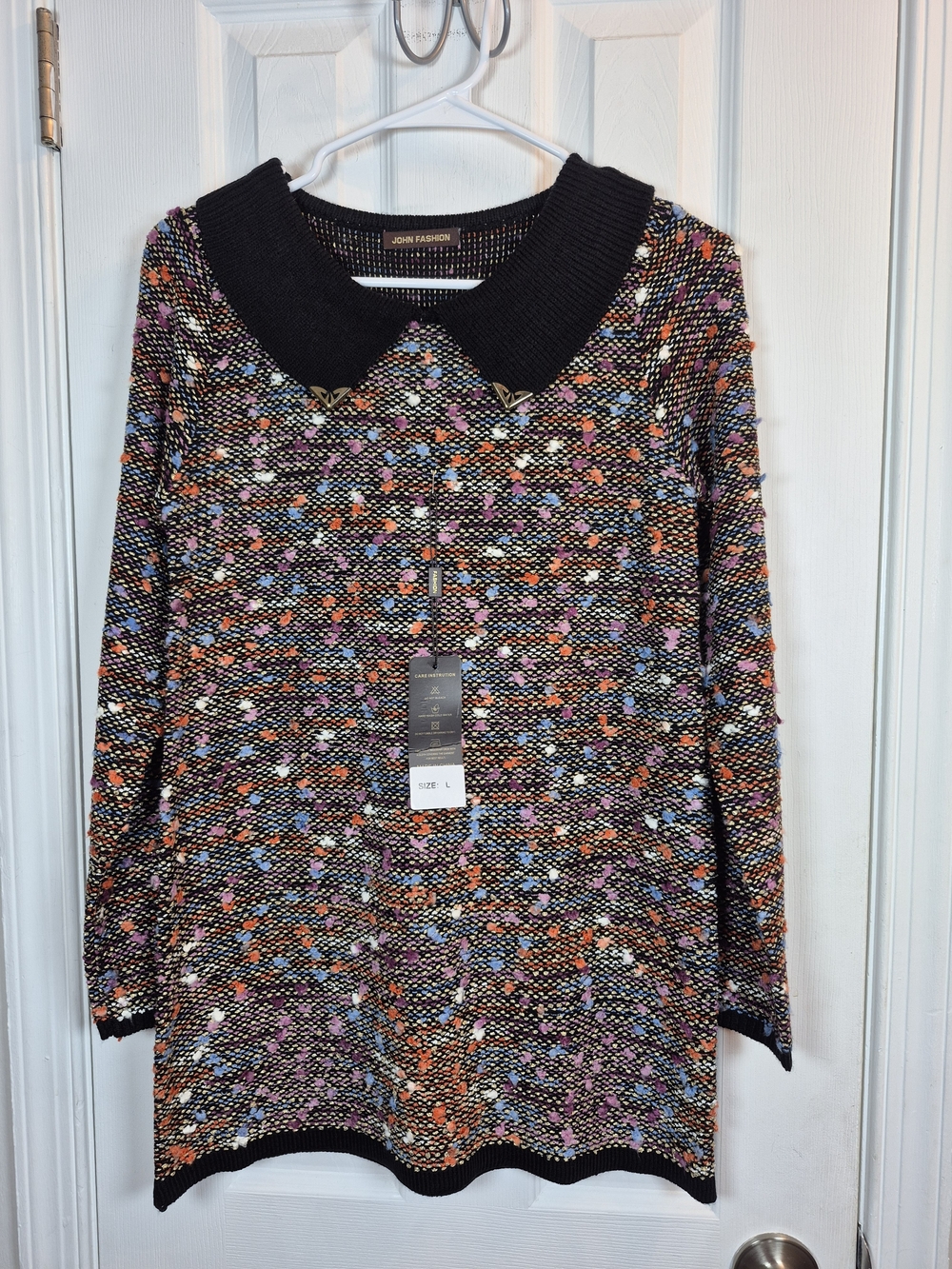 John Fashion Metallic Bouclé Tunic Sweater NWT Peter Pan Collar Grandmacore L
